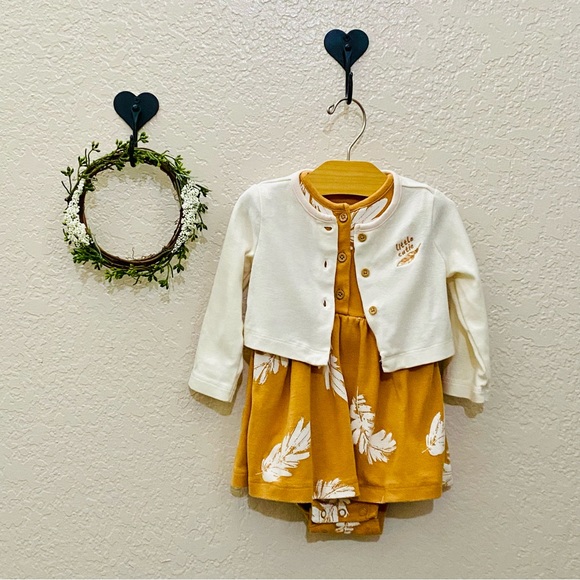 This is a mustard yellow dress and a cream colored cardigan - Picture 2 of 8